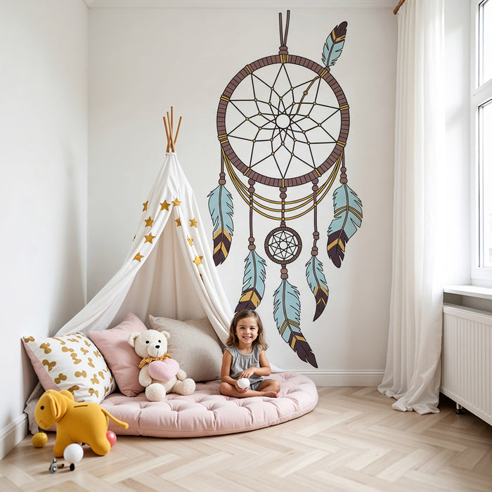 Kids room wallpaper | Colorful dream catcher with delicate feathers