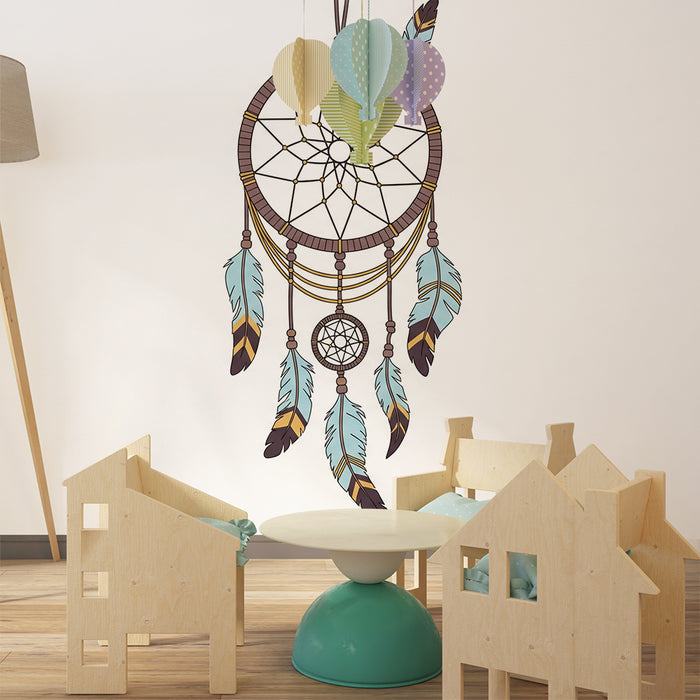 Kids room wallpaper | Colorful dream catcher with delicate feathers