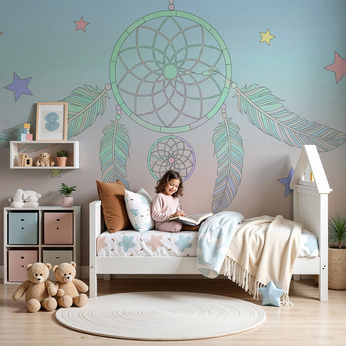 Kinderkamer behang | Pastel dromenvanger met gekleurde sterren