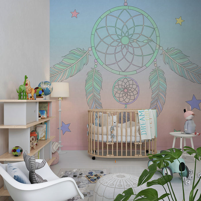 Kinderkamer behang | Pastel dromenvanger met gekleurde sterren