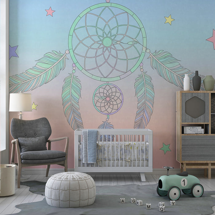 Kinderkamer behang | Pastel dromenvanger met gekleurde sterren