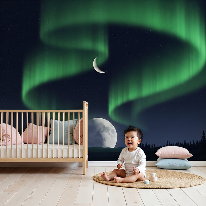 Papel de parede criança | No coração das auroras boreais e da lua brilhante