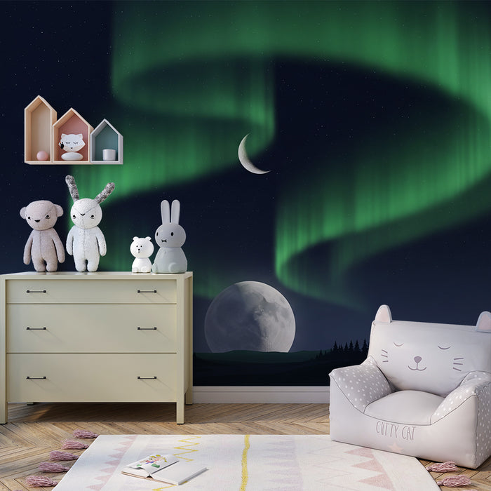 Papel de parede criança | No coração das auroras boreais e da lua brilhante
