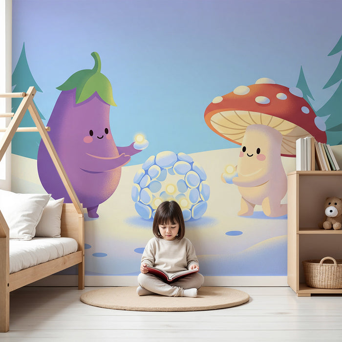 Kinderzimmer Tapete | Aubergine und Pilz in einer verzauberten Winterlandschaft