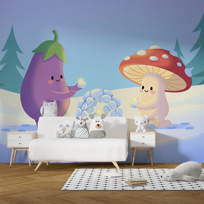 Kinderzimmer Tapete | Aubergine und Pilz in einer verzauberten Winterlandschaft