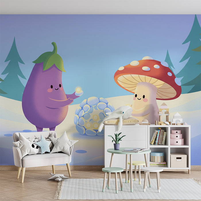Kinderzimmer Tapete | Aubergine und Pilz in einer verzauberten Winterlandschaft