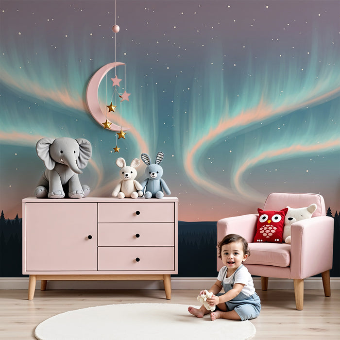 Kinderzimmer Tapete | Nordlicht und Sternenhimmel über dem Waldhintergrund