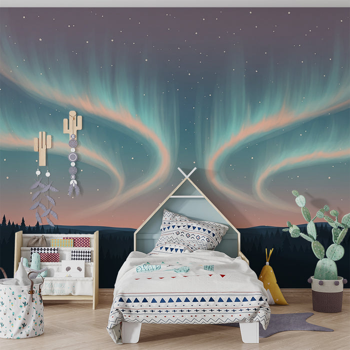 Kinderzimmer Tapete | Nordlicht und Sternenhimmel über dem Waldhintergrund