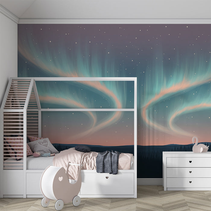 Kinderzimmer Tapete | Nordlicht und Sternenhimmel über dem Waldhintergrund