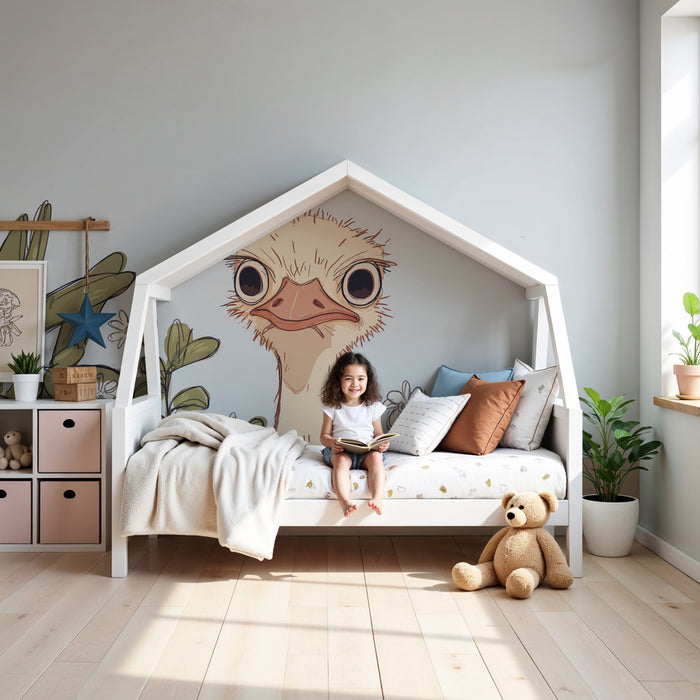 Papier peint chambre enfant | Autruche curieuse parmi les plantes