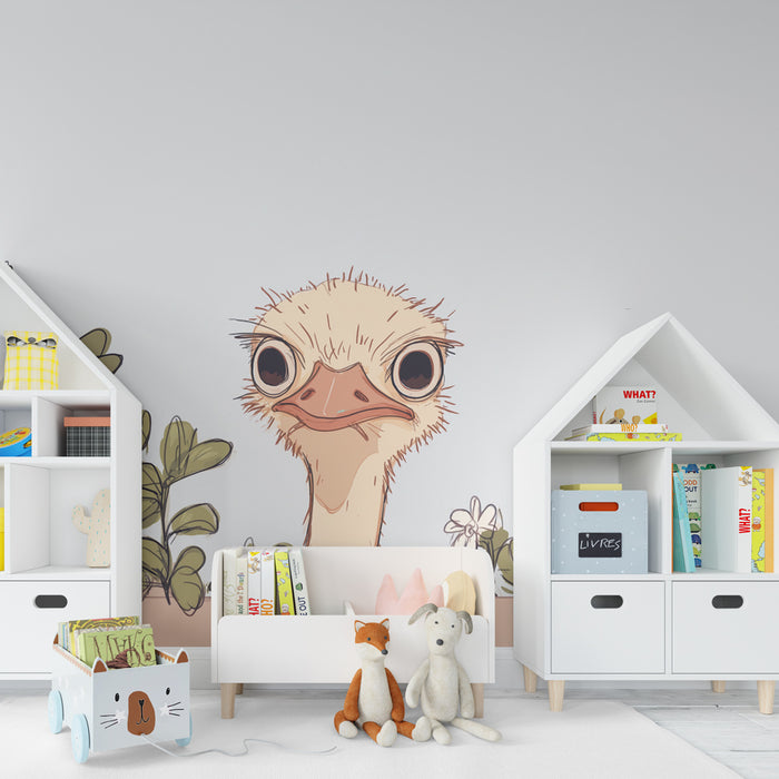 Papier peint chambre enfant | Autruche curieuse parmi les plantes