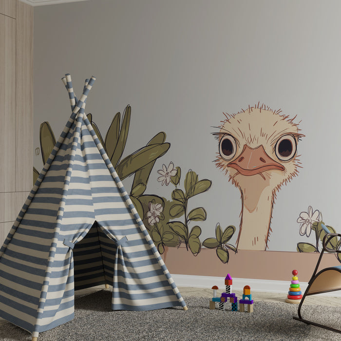 Papier peint chambre enfant | Autruche curieuse parmi les plantes