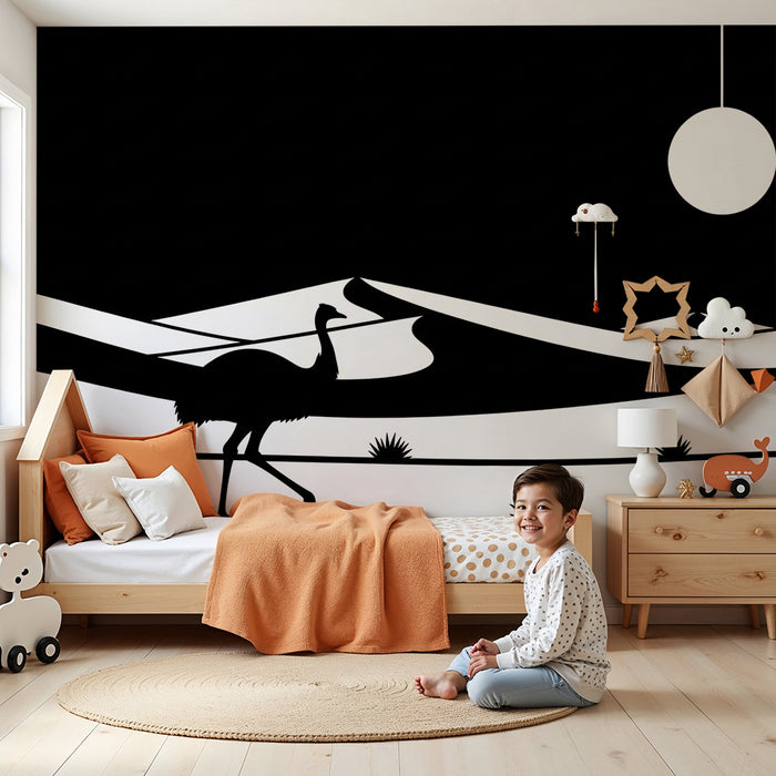 Kinderzimmer Tapete | Strauß in einer schwarz-weißen Wüstenlandschaft