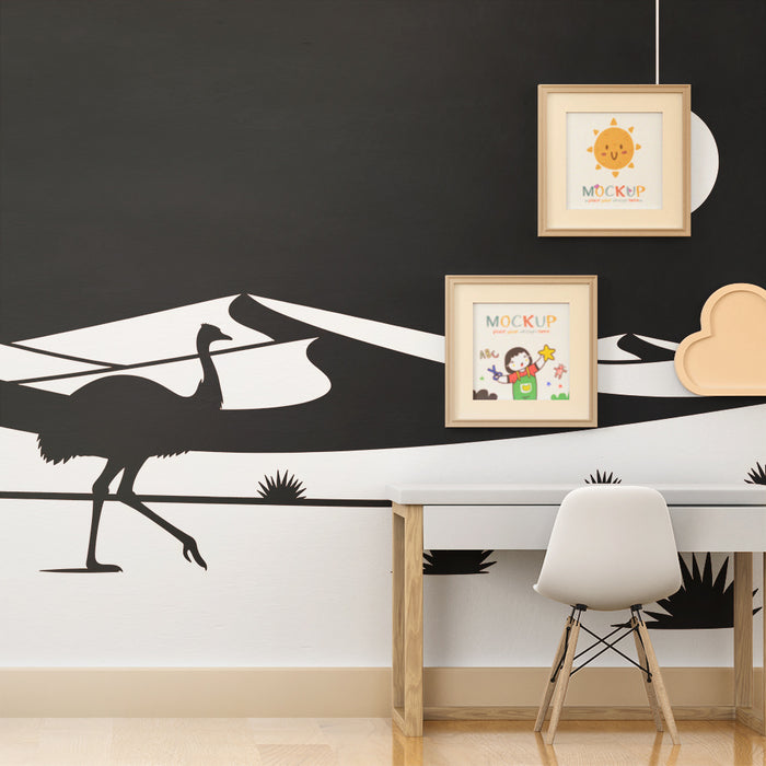 Kinderzimmer Tapete | Strauß in einer schwarz-weißen Wüstenlandschaft