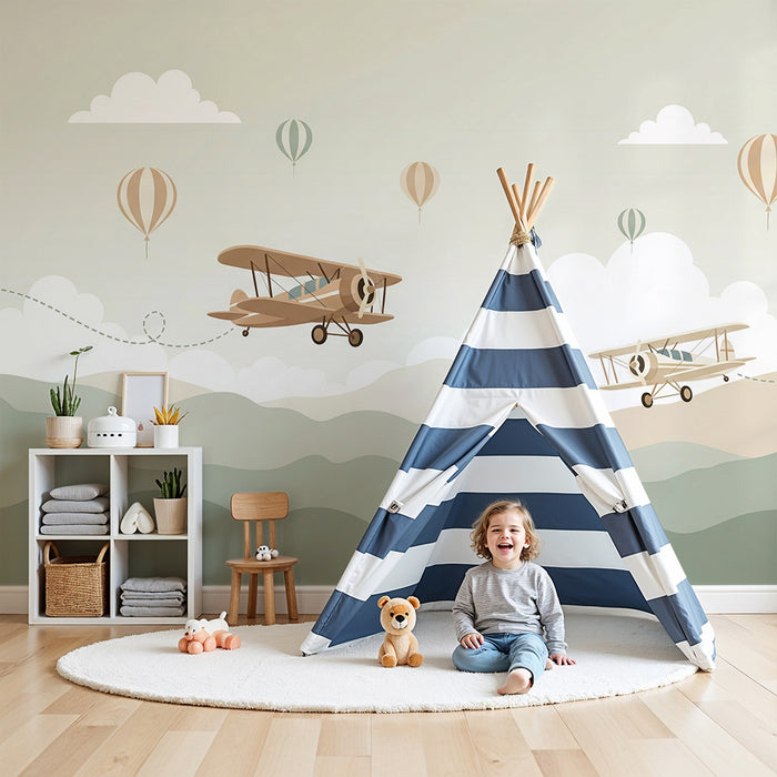 Papier peint chambre enfant | Aventure aérienne avec avions et montgolfières