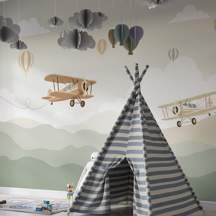 Papier peint chambre enfant | Aventure aérienne avec avions et montgolfières