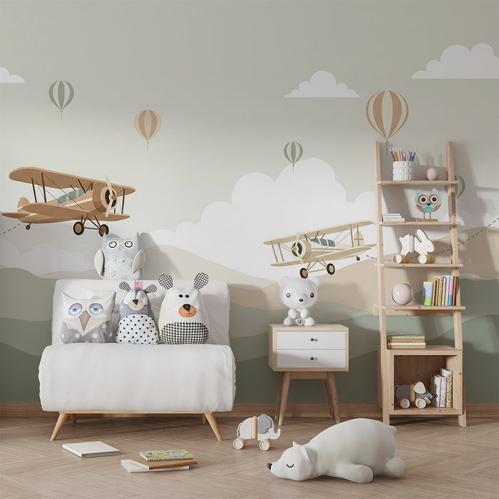Papier peint chambre enfant | Aventure aérienne avec avions et montgolfières