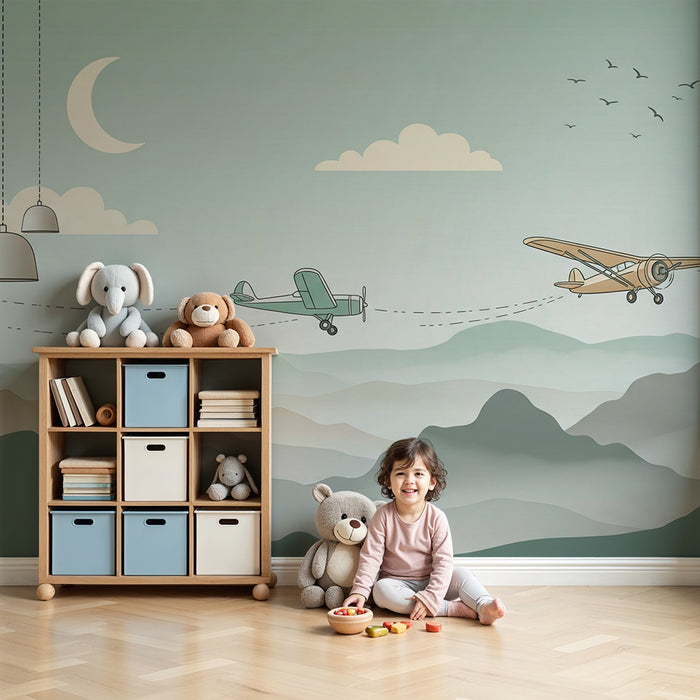 Carta da parati per camera bambini | Avventura aerea con aerei e paesaggi montuosi