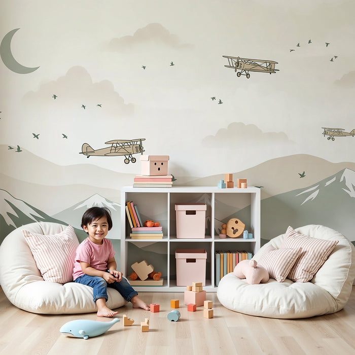 Children's bedroom wallpaper | Aerial adventure with vintage planes and mountains