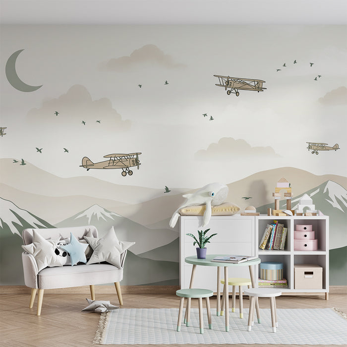 Children's bedroom wallpaper | Aerial adventure with vintage planes and mountains