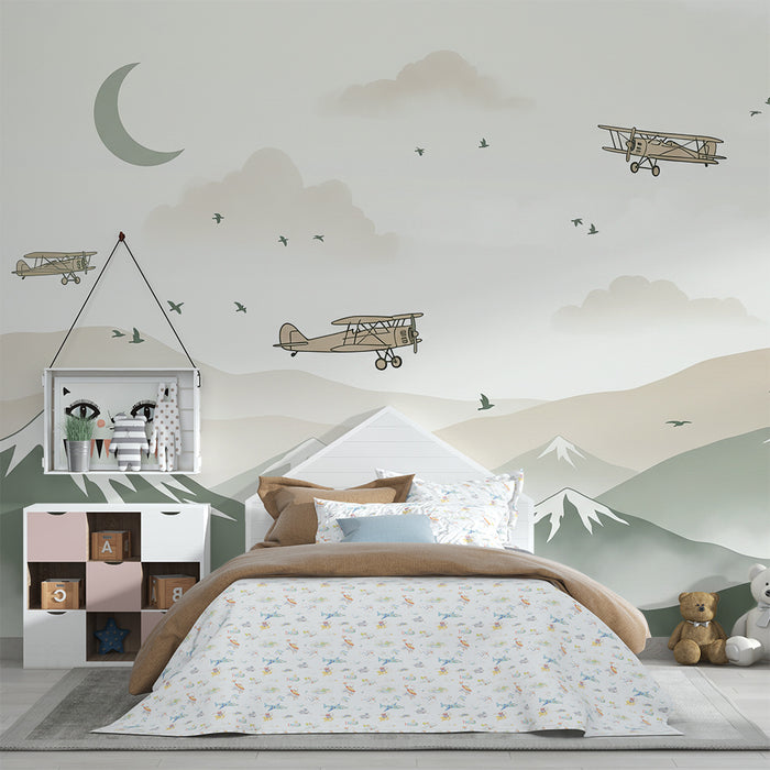 Children's bedroom wallpaper | Aerial adventure with vintage planes and mountains