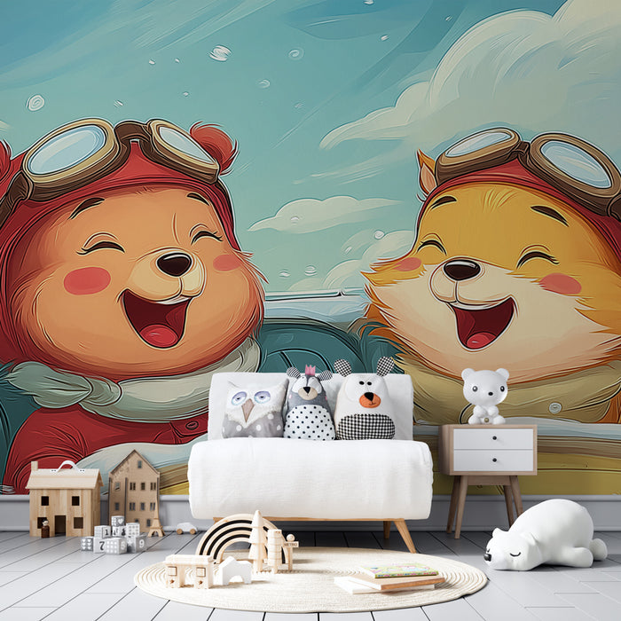 Papier peint chambre enfant | Aventure aérienne avec des oursons pilotes