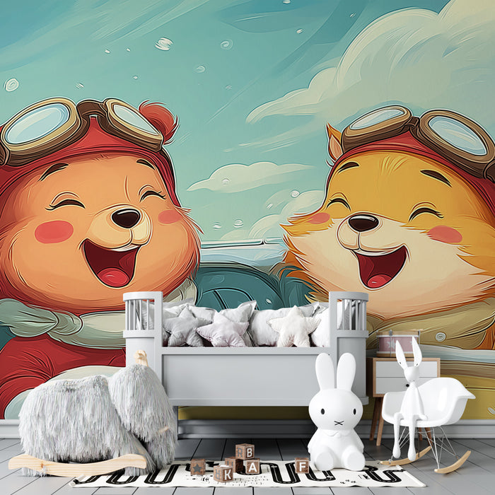 Papier peint chambre enfant | Aventure aérienne avec des oursons pilotes