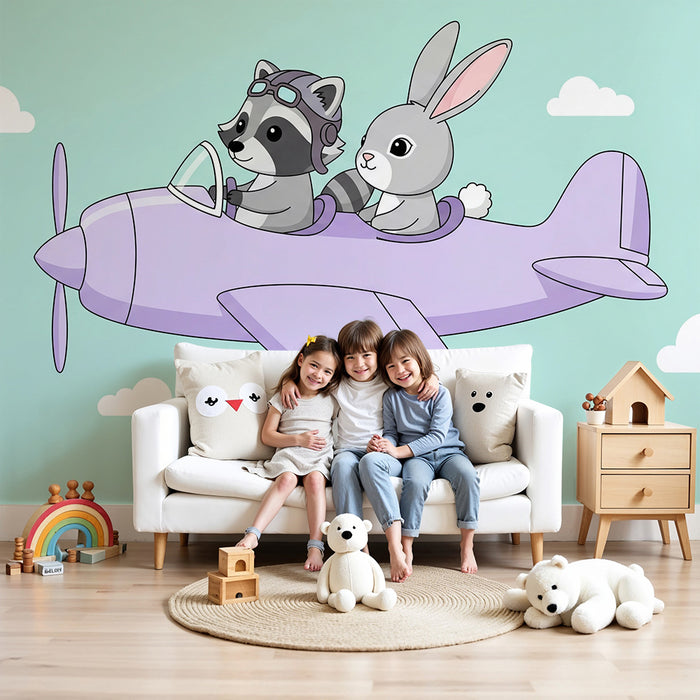 Kinderzimmer Tapete | Luftabenteuer mit einem Waschbär und einem Hasen