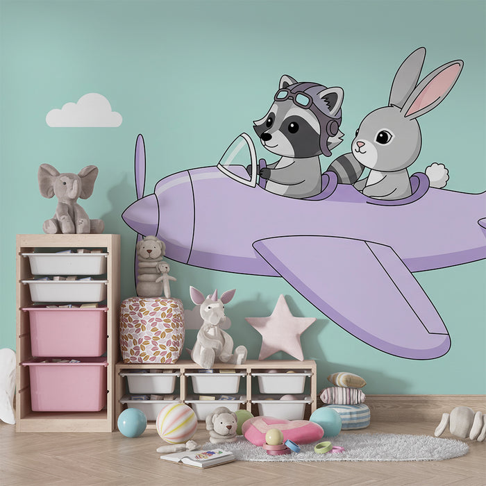 Kinderzimmer Tapete | Luftabenteuer mit einem Waschbär und einem Hasen