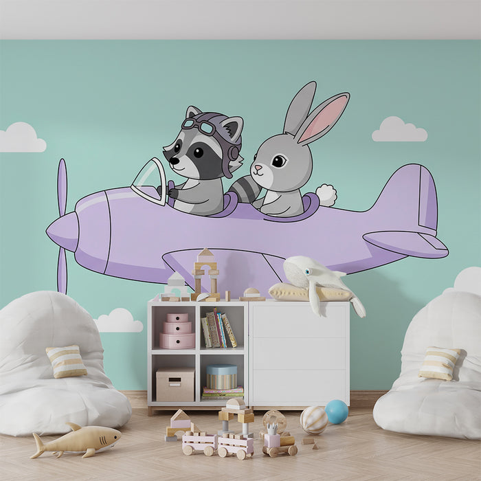 Kinderzimmer Tapete | Luftabenteuer mit einem Waschbär und einem Hasen