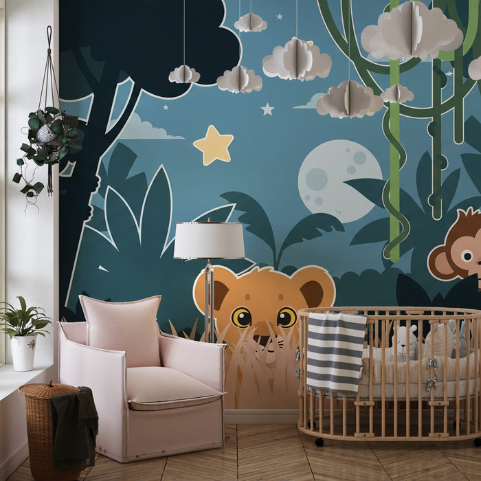 Papel pintado infantil | Aventura animal bajo la luna
