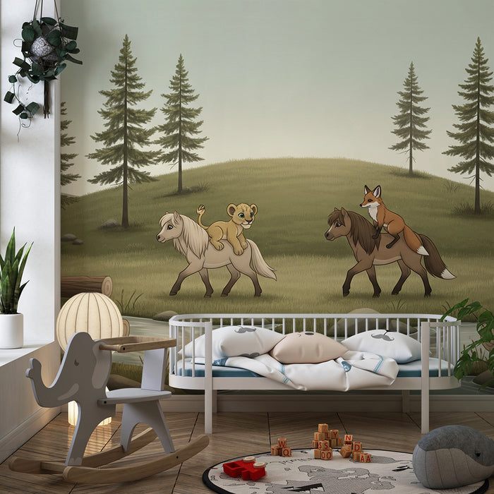 Papel de parede para quarto de criança | Aventura animal com um leãozinho, cavalos e uma raposa