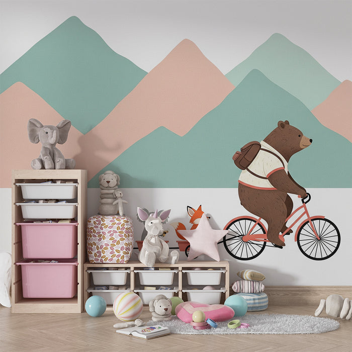 Papier de parede dječje sobe | Životinjska avantura s medvjedom na biciklu i njegovim prijateljima