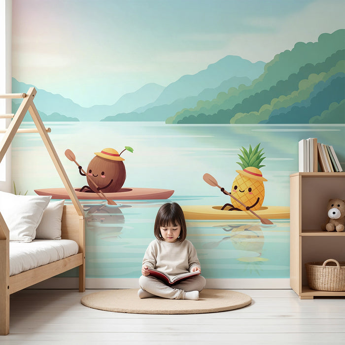 Papel de parede infantil | Aventura aquática com frutas alegres em caiaque