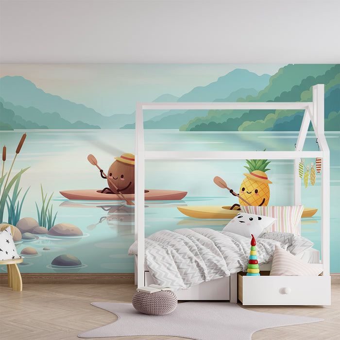 Papel de parede infantil | Aventura aquática com frutas alegres em caiaque