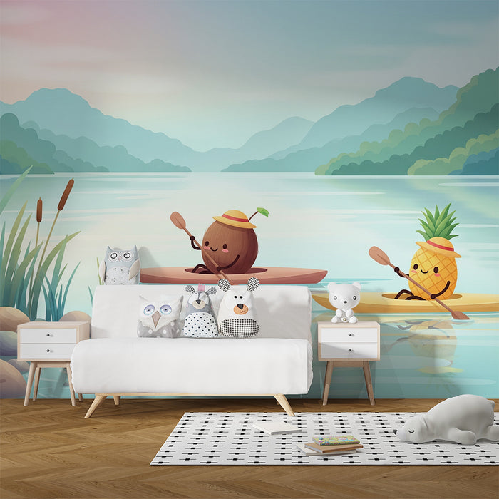 Papel de parede infantil | Aventura aquática com frutas alegres em caiaque