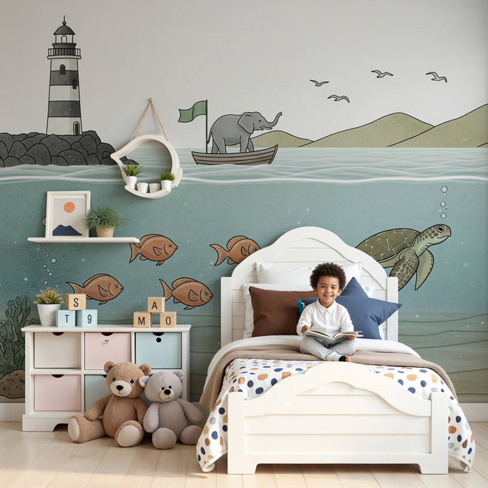 Papier peint chambre enfant | Aventure aquatique avec éléphant et animaux marins