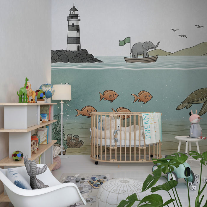 Papier peint chambre enfant | Aventure aquatique avec éléphant et animaux marins
