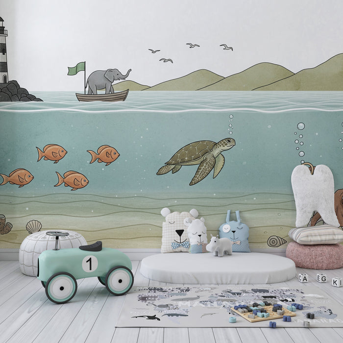 Papier peint chambre enfant | Aventure aquatique avec éléphant et animaux marins