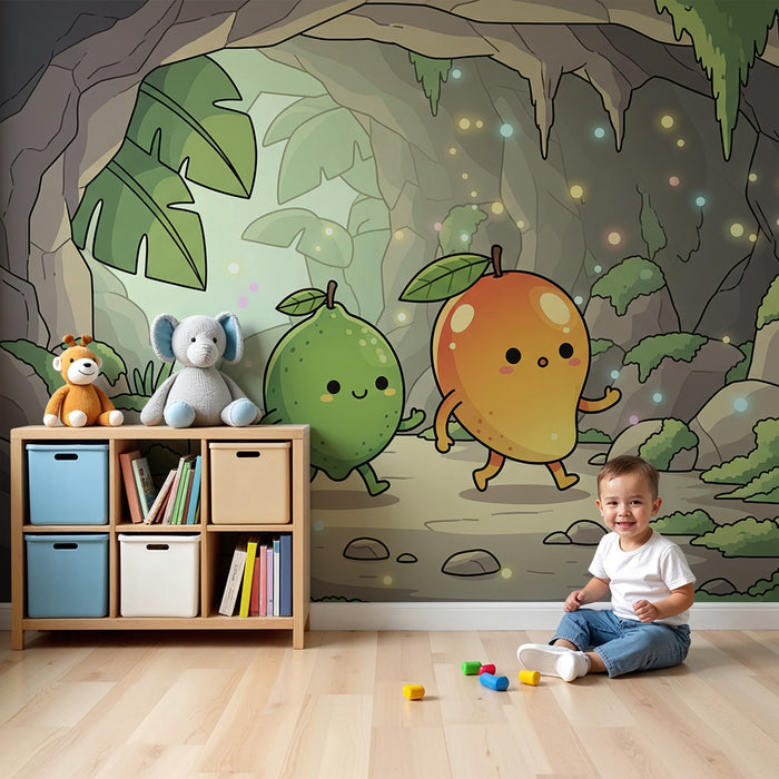 Papel de parede para quarto de criança | Aventura colorida com frutas numa gruta encantada