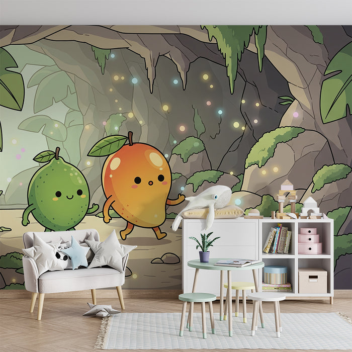 Papel de parede para quarto de criança | Aventura colorida com frutas numa gruta encantada