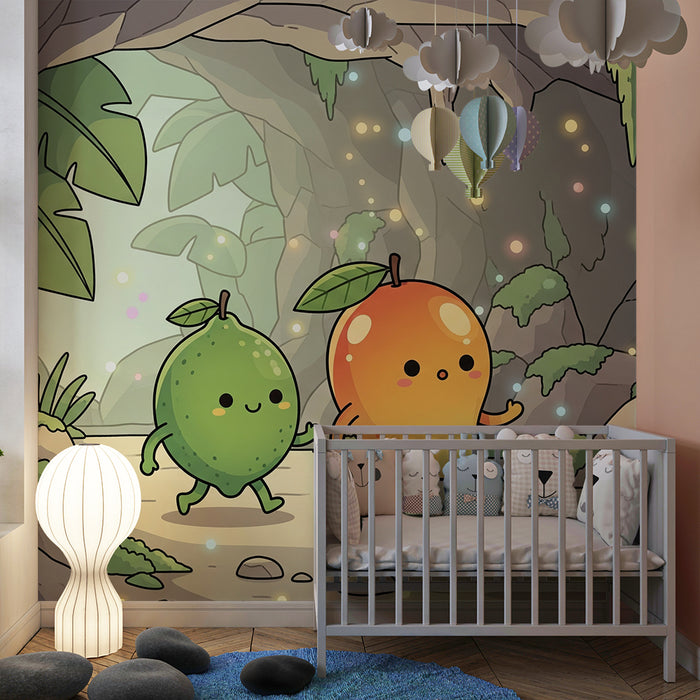 Papel de parede para quarto de criança | Aventura colorida com frutas numa gruta encantada