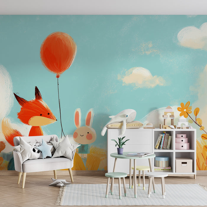Kinderkamer behang | Kleurrijk avontuur met een vos en een konijn