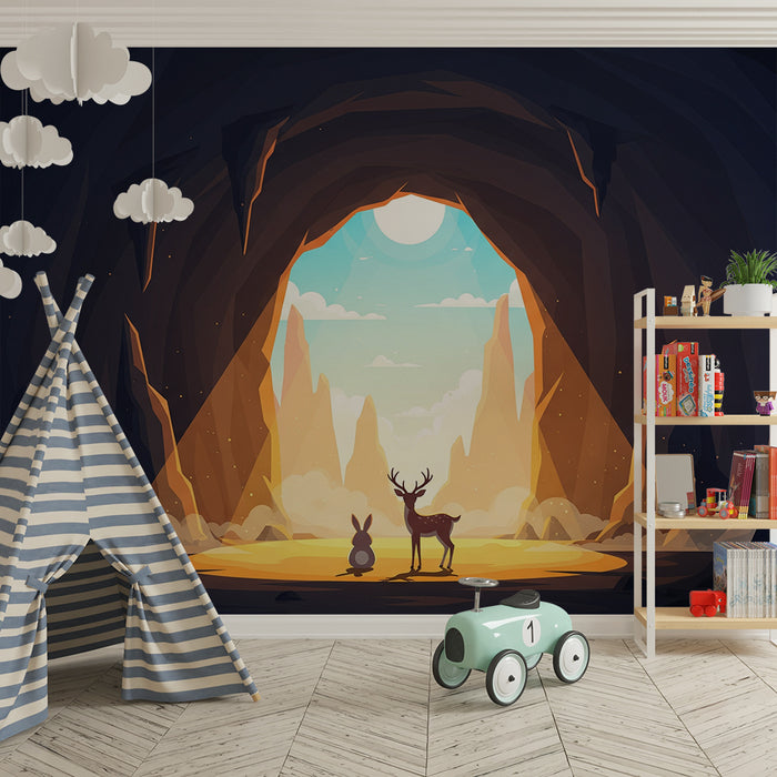 Kids' Room Wallpaper | Cave Adventure with Rabbit and Deer