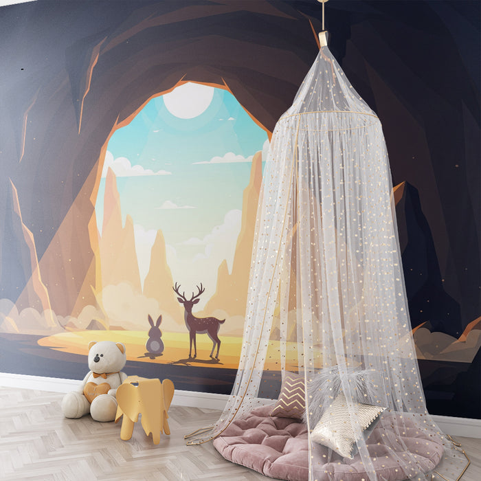 Kids' Room Wallpaper | Cave Adventure with Rabbit and Deer