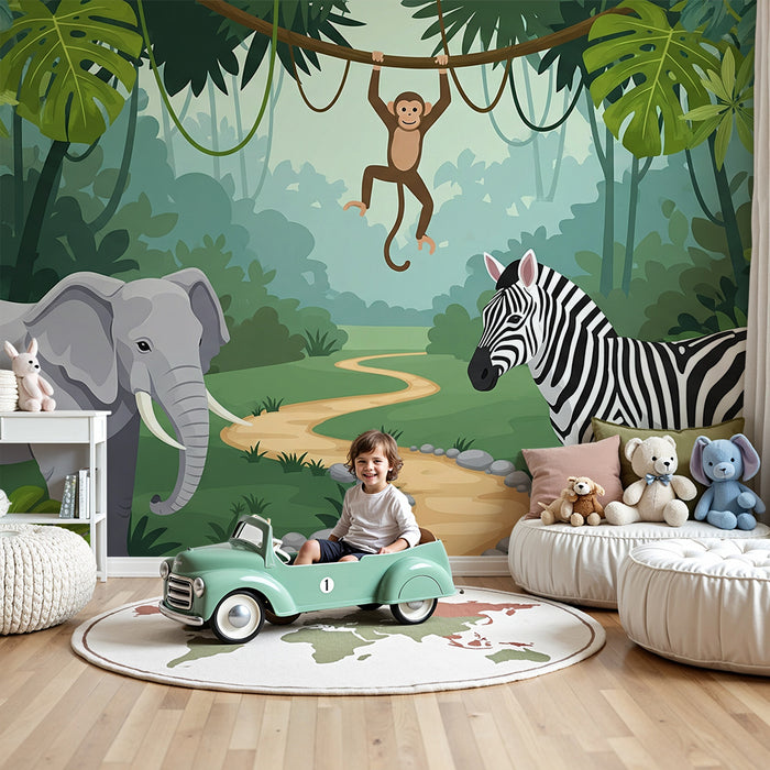 Papier peint chambre enfant | Aventure dans la jungle avec éléphant, zèbre et singe