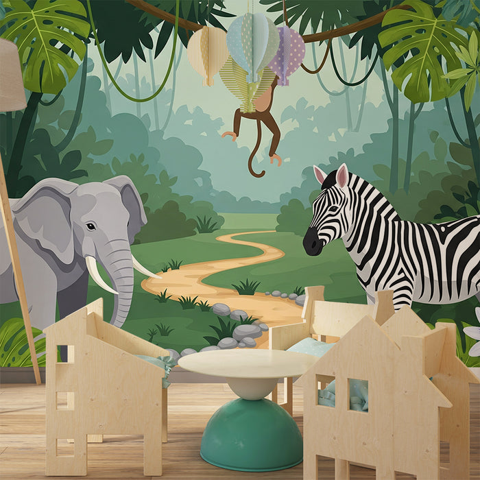 Papier peint chambre enfant | Aventure dans la jungle avec éléphant, zèbre et singe