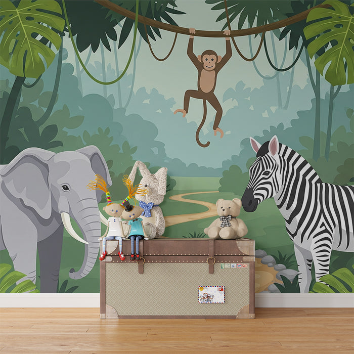 Papier peint chambre enfant | Aventure dans la jungle avec éléphant, zèbre et singe