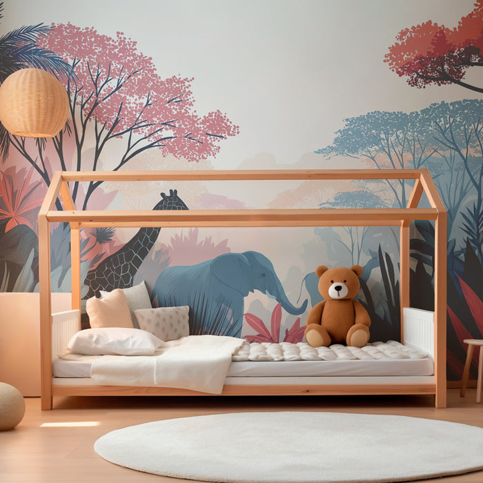 Papier peint chambre enfant | Aventure dans la jungle avec éléphants et girafes