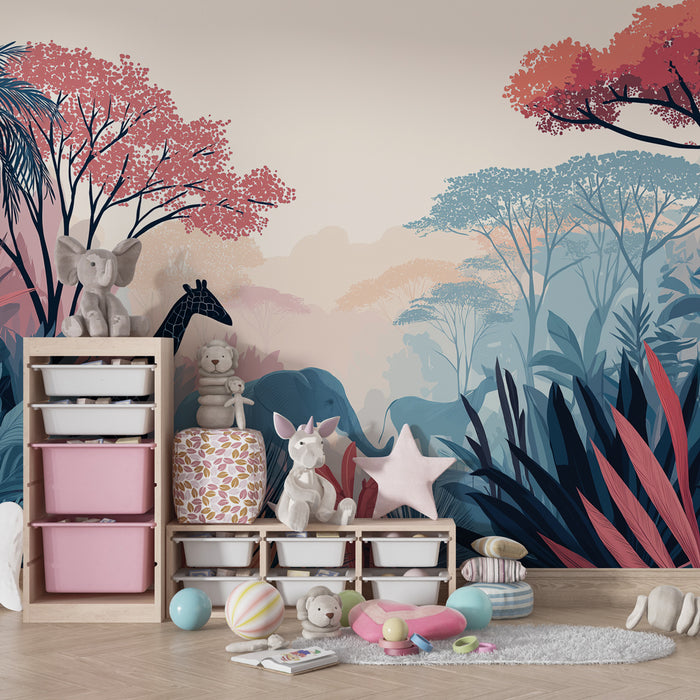Papier peint chambre enfant | Aventure dans la jungle avec éléphants et girafes